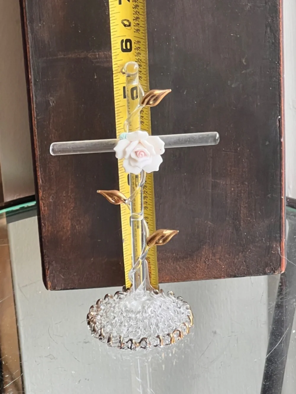 Glass CROSS w/Porcelain Pink Rose and Gold Leaves - Handblown and Knitted Glass